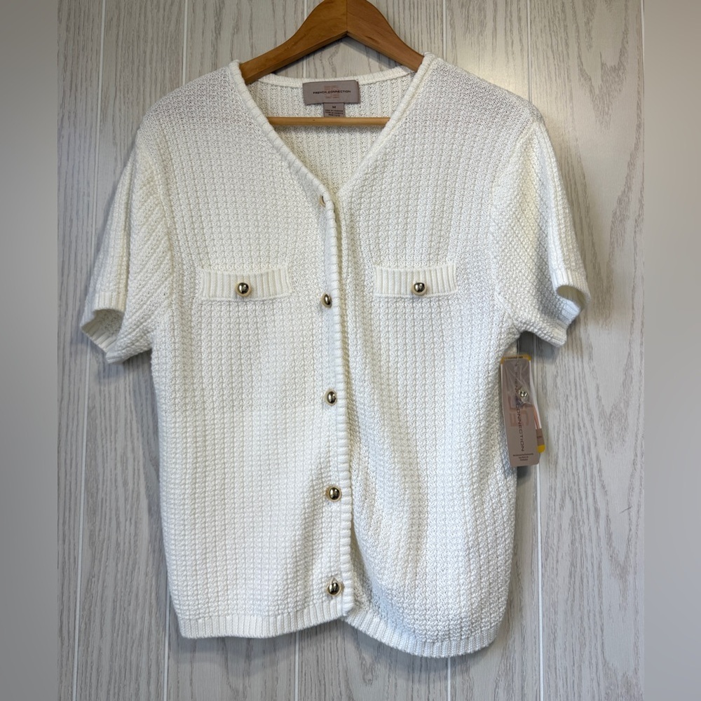 French Connection White Textured Knit Button-Front Cardigan Sweater Medium NWT